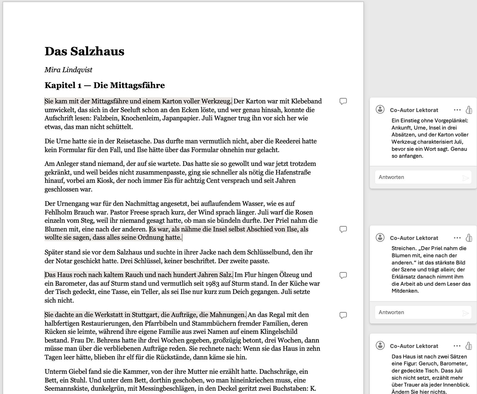 Manuskriptseite mit Lektorats-Kommentaren in Word